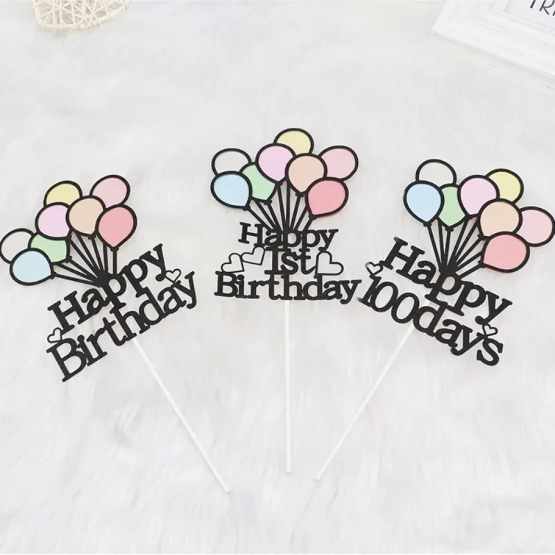 Cartoon Colorful DIY Double Paper Balloon Baby 100 Days Happy Birthday Cake Dessert Table Decoration Card Plug-in Flag - Image 3