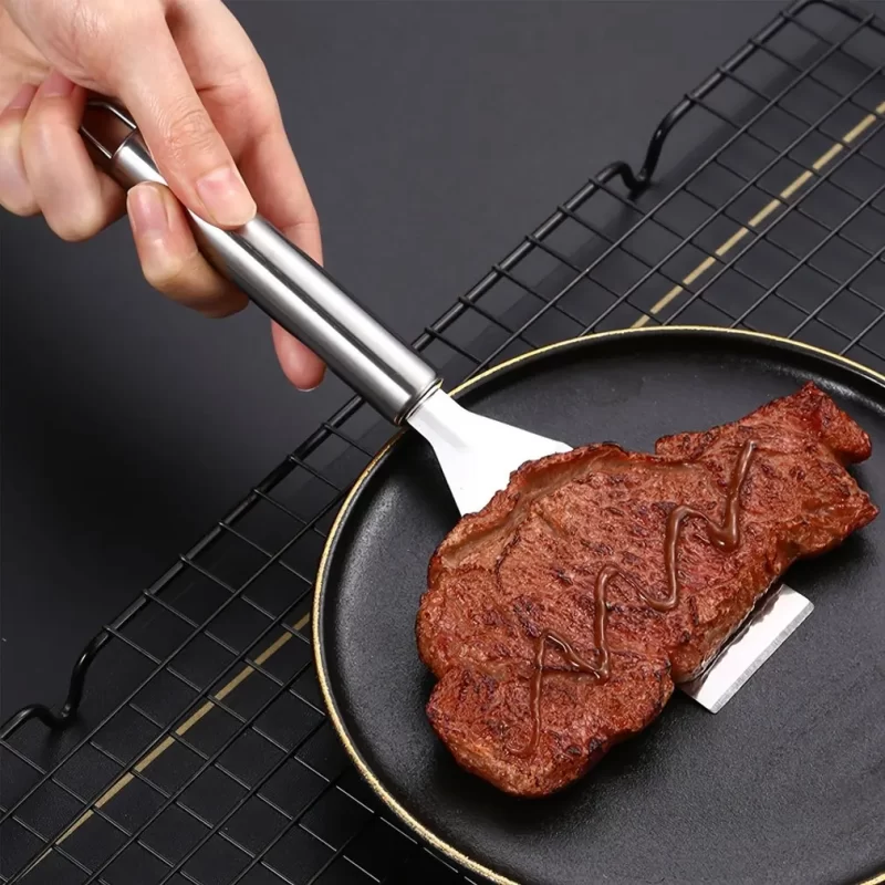 Stainless Steel Square Head Steak Cooking Spatula Wood Handle Pizza Shovel Pancake Beef Turner Scraper BBQ Utensils For Kitchen