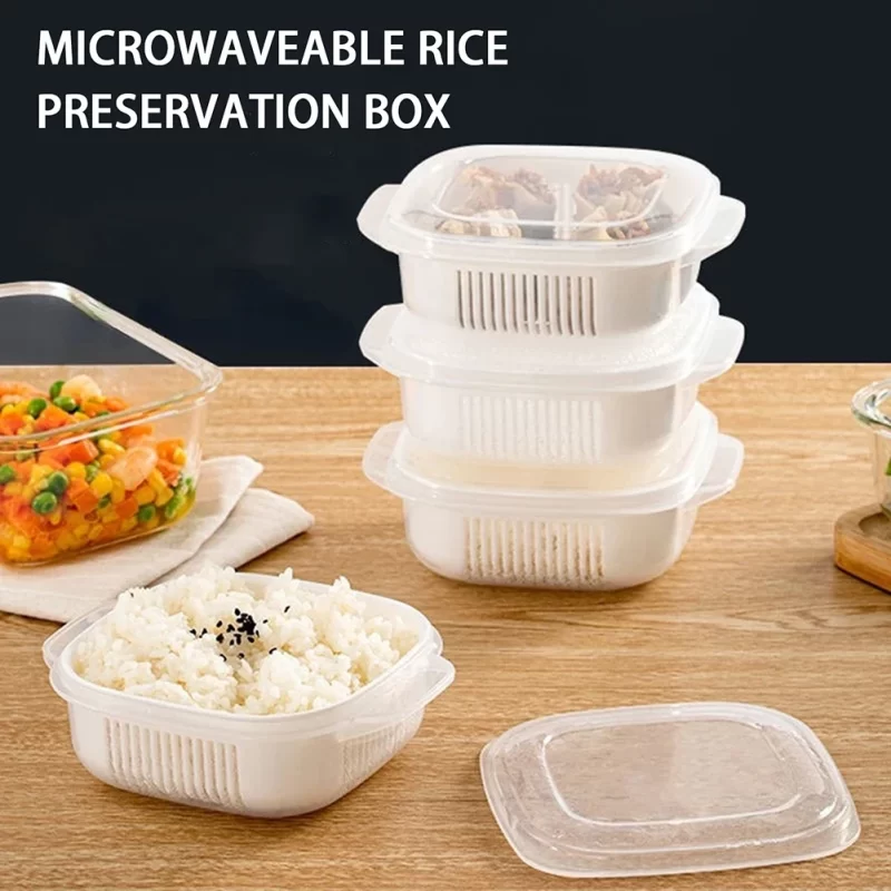 1pcs Microwavable Rices Freshing Box with Transparent Lid Reusable Organiser Large Capacity Fruit Box Kitchen Accessories